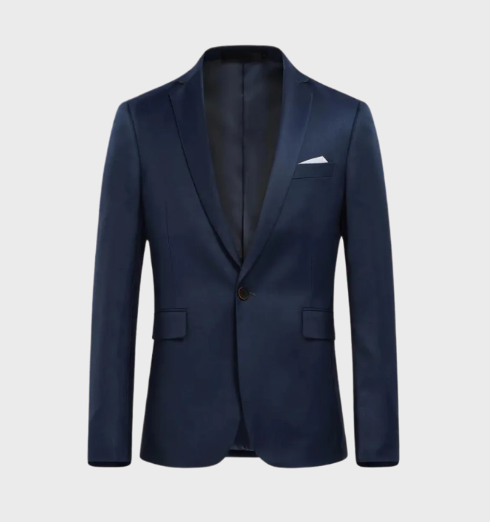 3-delige herenblazer met revers en enkele borstzak in combinatie met een broek met zakken