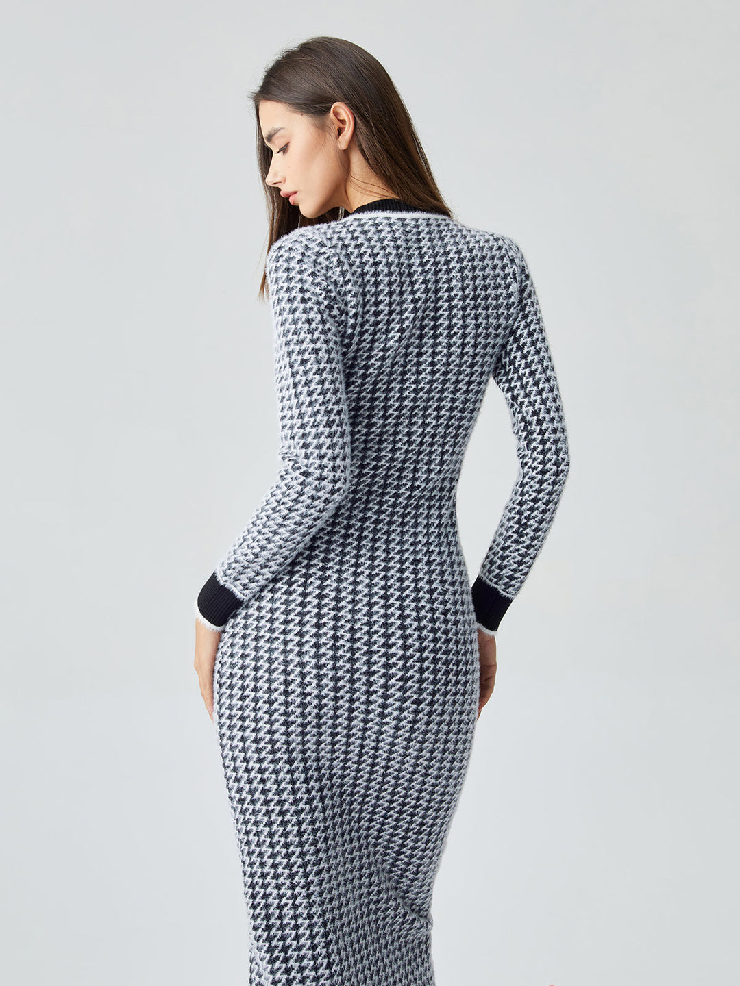 Visgraat Bodycon Sweater Midi Dress met contrasterende afwerking