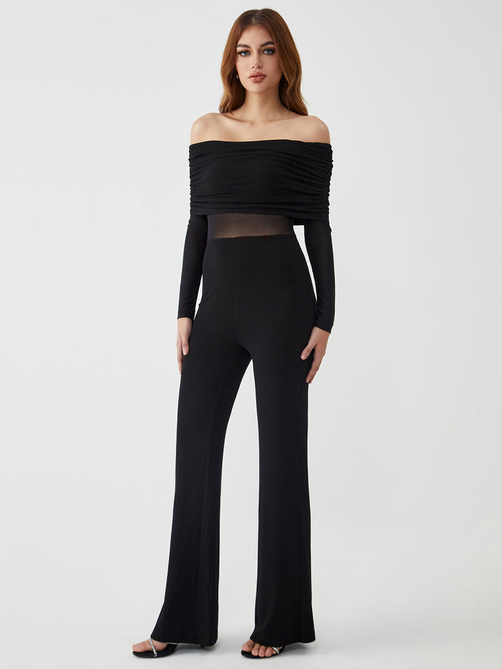 Schouderloze jumpsuit met lange mouwen van mesh