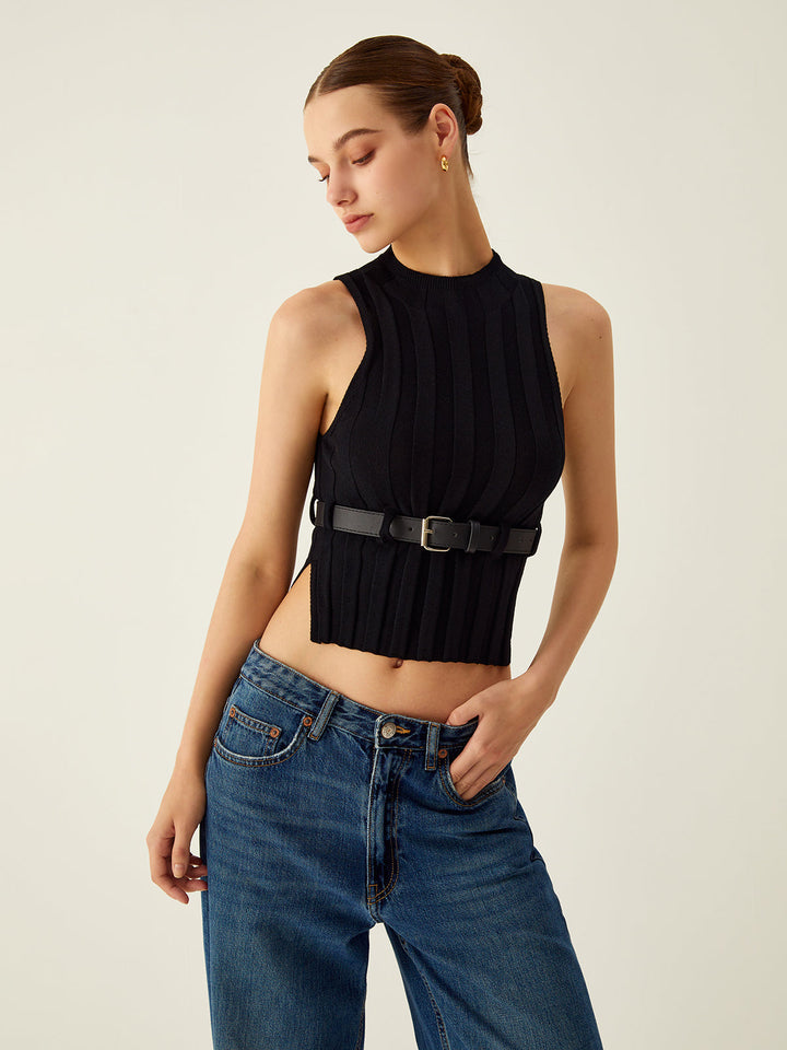 Geribde Tanktop met Mock Neck en Leren Riem