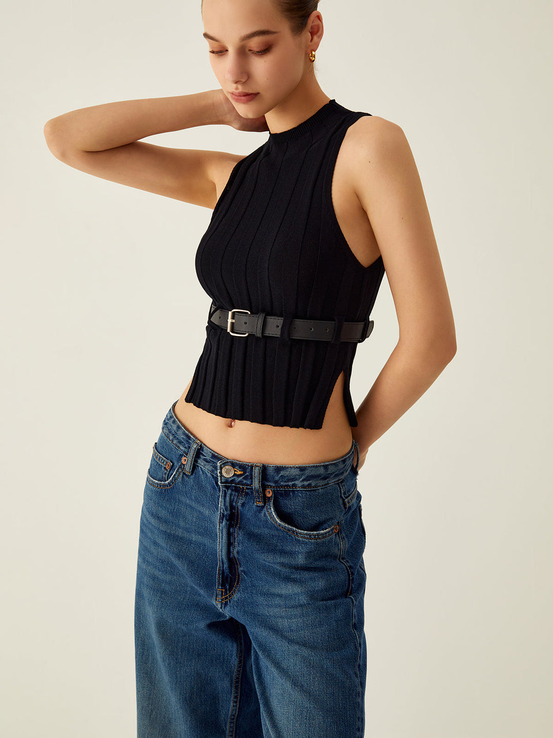 Geribde Tanktop met Mock Neck en Leren Riem