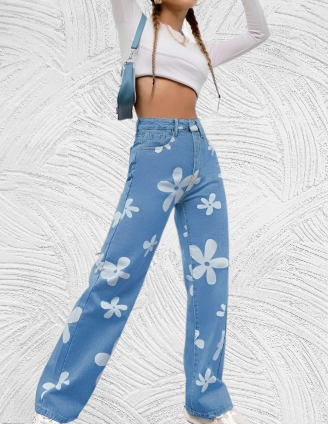 Frea - Denim jeans met hoge taille wijde pijpen met print van witte bloemen - Miller-Mode