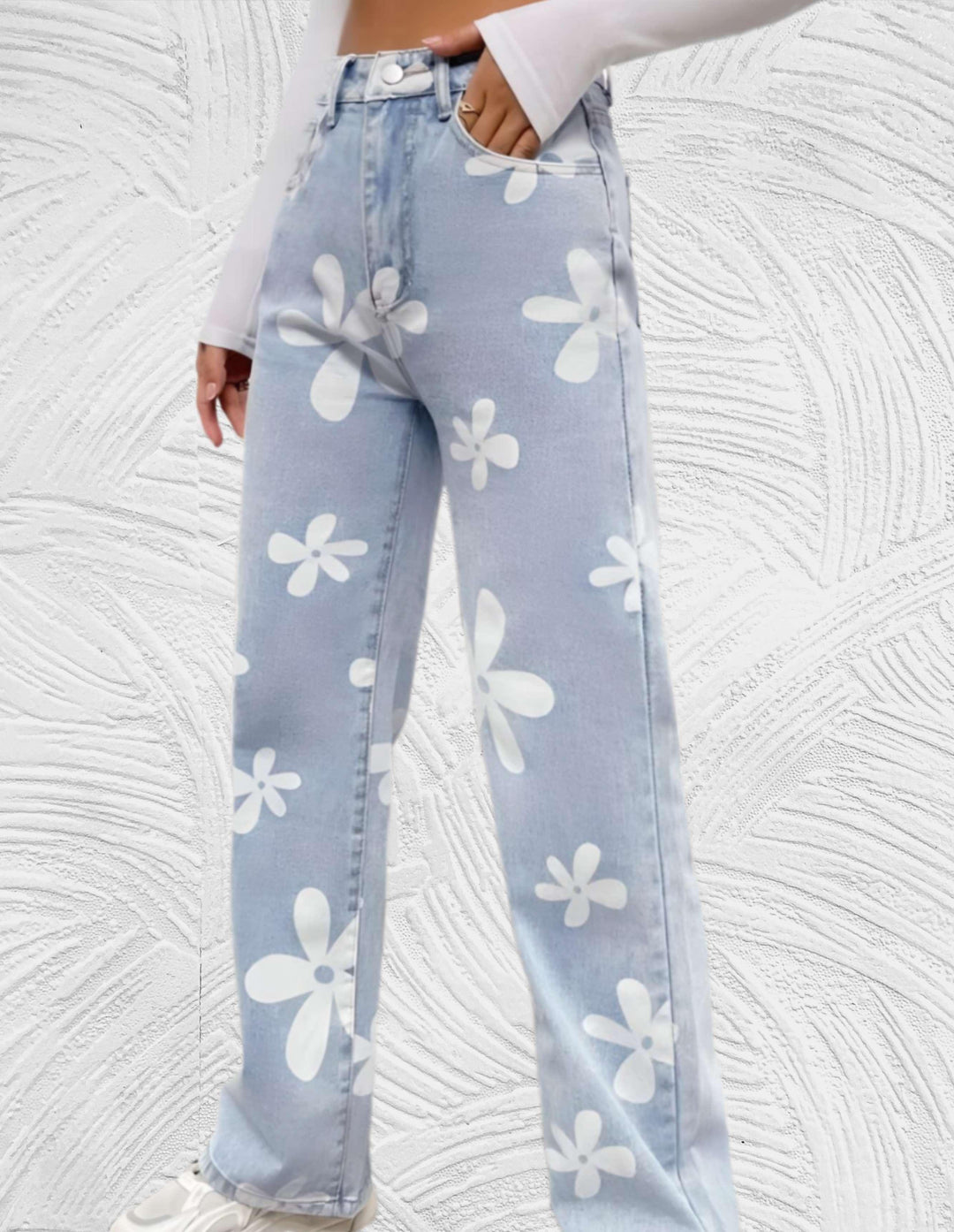 Frea - Denim jeans met hoge taille wijde pijpen met print van witte bloemen - Miller-Mode