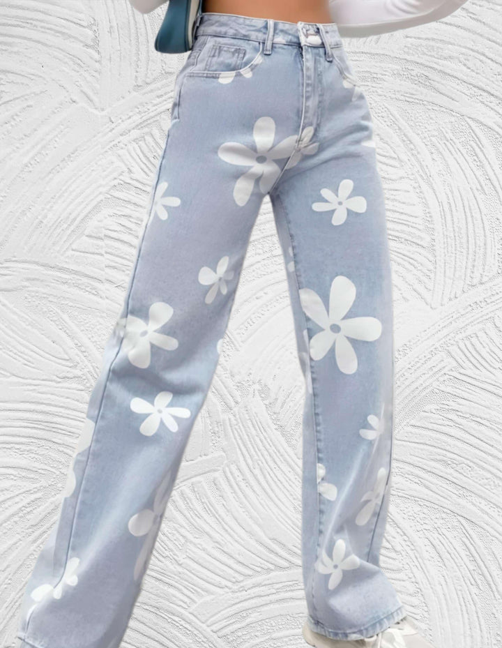 Frea - Denim jeans met hoge taille wijde pijpen met print van witte bloemen - Miller-Mode