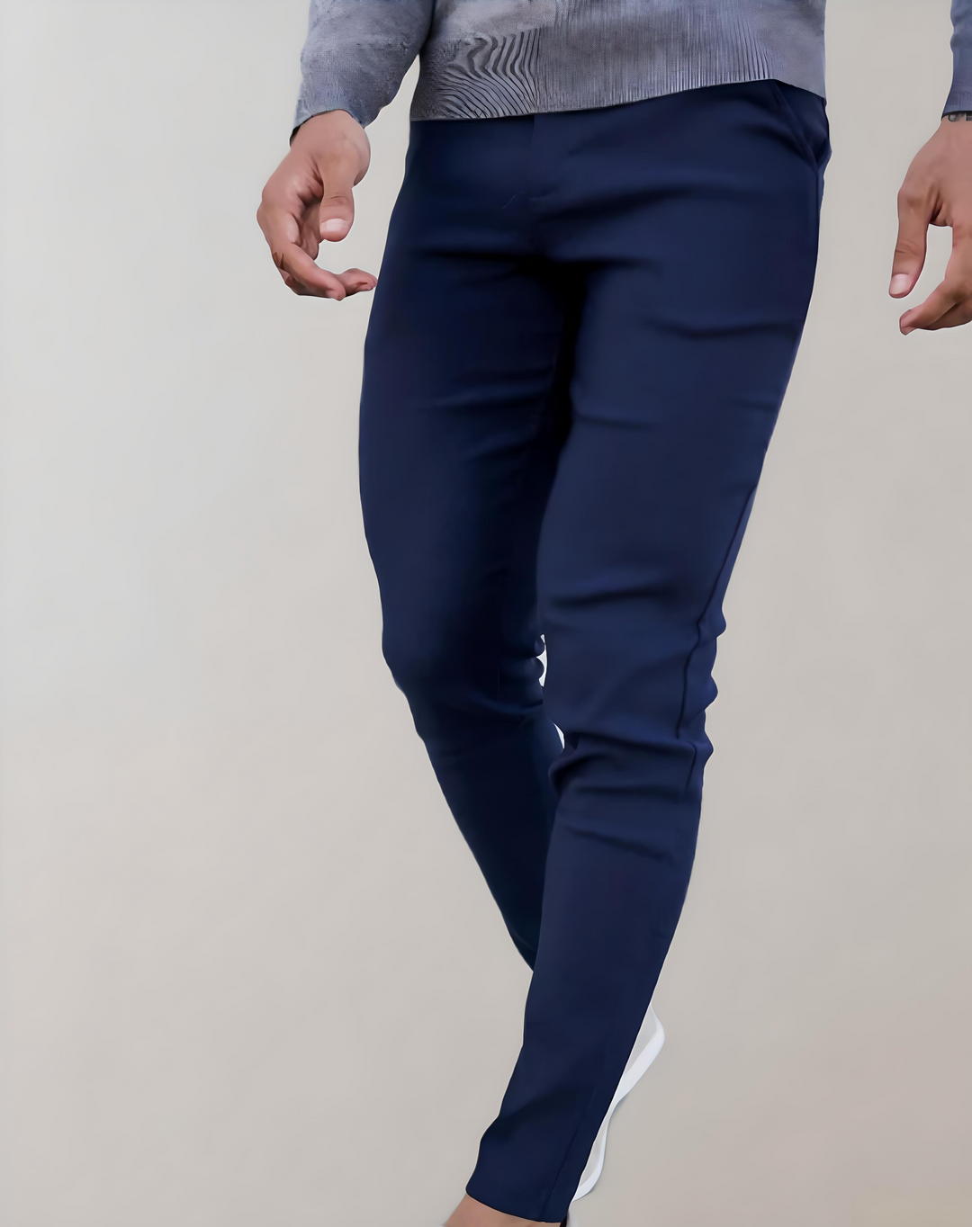 Effen semi-formele skinny, soepele herenbroek met zakken en rits